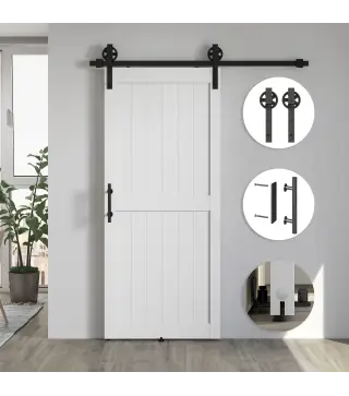 Puerta Corredera de Granero con Herrajes Manija Rodillo y Guía de Suelo Mejorados para Baño Salón 91,5x213,4 cm Blanco