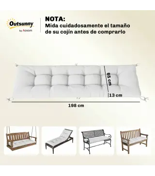 Cojín para Banco Exterior con Correas de Sujeción Protección UV50+ Rebote Lento Interior Exterior 198x65x13 cm Crema