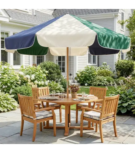 Sombrilla Terraza Exterior Ø2,3 m con Marco de Efecto Madera Polea con Cuerda Dosel Bicolor UPF30+ Verde Oscuro