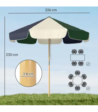 Sombrilla Terraza Exterior Ø2,3 m con Marco de Efecto Madera Polea con Cuerda Dosel Bicolor UPF30+ Verde Oscuro