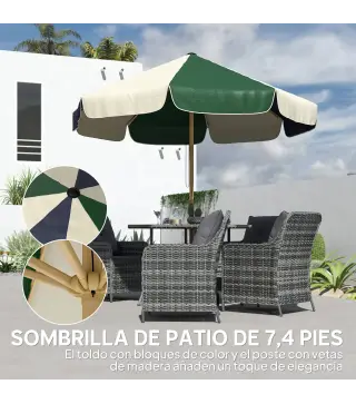 Sombrilla Terraza Exterior Ø2,3 m con Marco de Efecto Madera Polea con Cuerda Dosel Bicolor UPF30+ Verde Oscuro