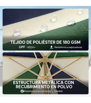 Sombrilla Terraza Exterior Ø2,3 m con Marco de Efecto Madera Polea con Cuerda Dosel Bicolor UPF30+ Verde Oscuro