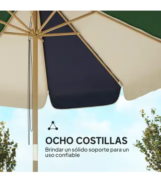 Sombrilla Terraza Exterior Ø2,3 m con Marco de Efecto Madera Polea con Cuerda Dosel Bicolor UPF30+ Verde Oscuro
