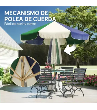 Sombrilla Terraza Exterior Ø2,3 m con Marco de Efecto Madera Polea con Cuerda Dosel Bicolor UPF30+ Verde Oscuro