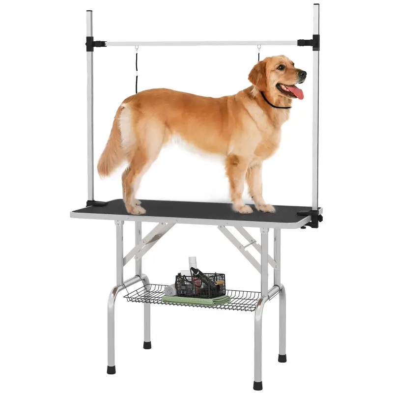 Mesa de Peluquería para Mascotas Mesa de Aseo Plegable con Estante de Almacenamiento Altura Ajustable 20-80 cm 107x60x170 cm Neg