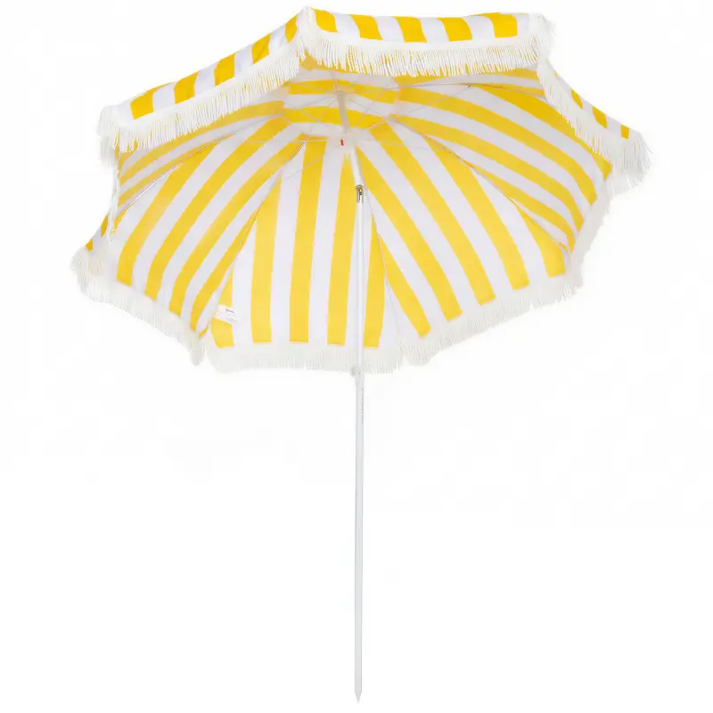 Sombrilla de Playa con Flecos Ø180 cm Sombrilla de Terraza Exterior Altura Ajustable Inclinación 30° Amarillo y Blanco