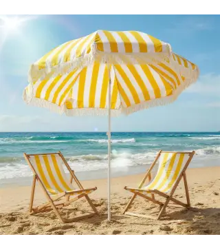 Sombrilla de Playa con Flecos Ø180 cm Sombrilla de Terraza Exterior Altura Ajustable Inclinación 30° Amarillo y Blanco