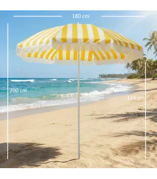 Sombrilla de Playa con Flecos Ø180 cm Sombrilla de Terraza Exterior Altura Ajustable Inclinación 30° Amarillo y Blanco