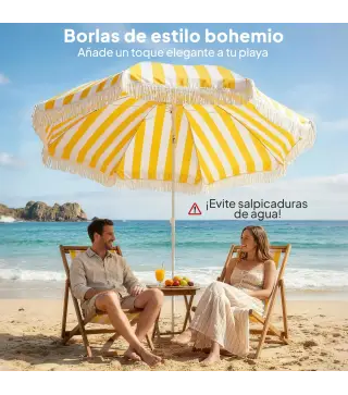 Sombrilla de Playa con Flecos Ø180 cm Sombrilla de Terraza Exterior Altura Ajustable Inclinación 30° Amarillo y Blanco