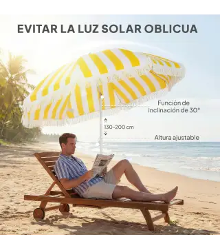 Sombrilla de Playa con Flecos Ø180 cm Sombrilla de Terraza Exterior Altura Ajustable Inclinación 30° Amarillo y Blanco
