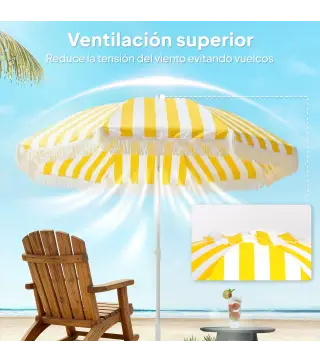 Sombrilla de Playa con Flecos Ø180 cm Sombrilla de Terraza Exterior Altura Ajustable Inclinación 30° Amarillo y Blanco