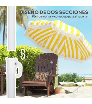 Sombrilla de Playa con Flecos Ø180 cm Sombrilla de Terraza Exterior Altura Ajustable Inclinación 30° Amarillo y Blanco