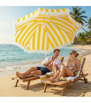 Sombrilla de Playa con Flecos Ø180 cm Sombrilla de Terraza Exterior Altura Ajustable Inclinación 30° Amarillo y Blanco