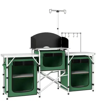 Mueble de Cocina para Camping Plegable con 3 Mesas 4 Ganchos Poste de Luz y Bolsa de Transporte 172x48x130 cm Verde