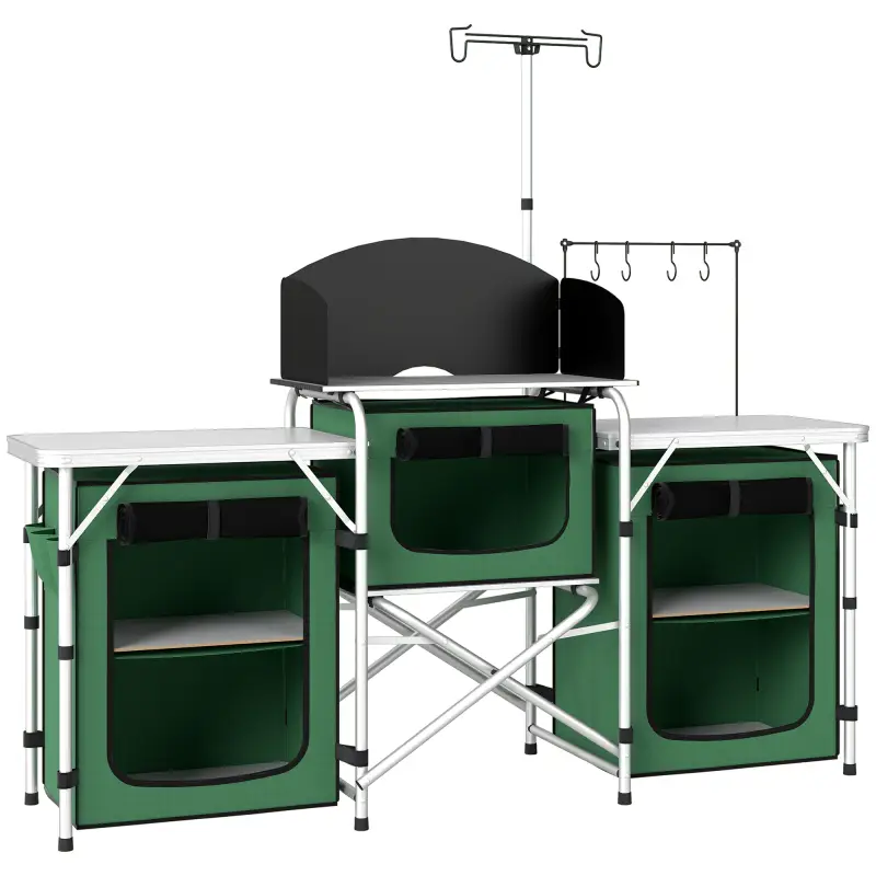 Mueble de Cocina para Camping Plegable con 3 Mesas 4 Ganchos Poste de Luz y Bolsa de Transporte 172x48x130 cm Verde