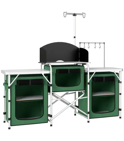 Mueble de Cocina para Camping Plegable con 3 Mesas 4 Ganchos Poste de Luz y Bolsa de Transporte 172x48x130 cm Verde