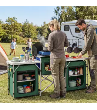 Mueble de Cocina para Camping Plegable con 3 Mesas 4 Ganchos Poste de Luz y Bolsa de Transporte 172x48x130 cm Verde