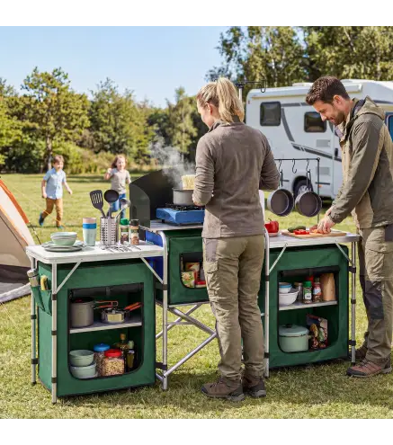 Mueble de Cocina para Camping Plegable con 3 Mesas 4 Ganchos Poste de Luz y Bolsa de Transporte 172x48x130 cm Verde