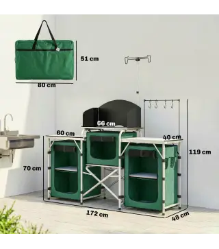 Mueble de Cocina para Camping Plegable con 3 Mesas 4 Ganchos Poste de Luz y Bolsa de Transporte 172x48x130 cm Verde