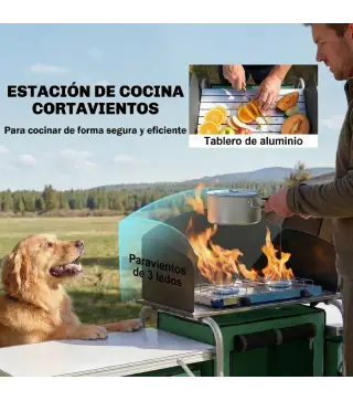 Mueble de Cocina para Camping Plegable con 3 Mesas 4 Ganchos Poste de Luz y Bolsa de Transporte 172x48x130 cm Verde
