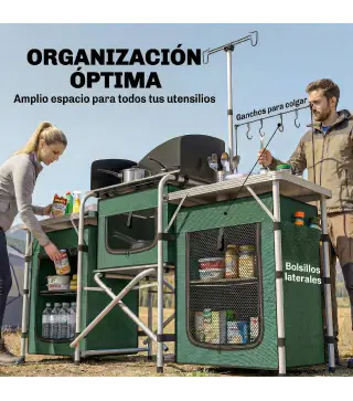 Mueble de Cocina para Camping Plegable con 3 Mesas 4 Ganchos Poste de Luz y Bolsa de Transporte 172x48x130 cm Verde