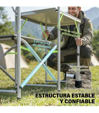 Mueble de Cocina para Camping Plegable con 3 Mesas 4 Ganchos Poste de Luz y Bolsa de Transporte 172x48x130 cm Verde
