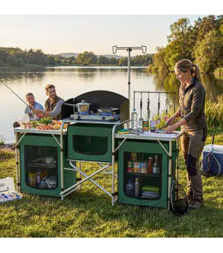 Mueble de Cocina para Camping Plegable con 3 Mesas 4 Ganchos Poste de Luz y Bolsa de Transporte 172x48x130 cm Verde