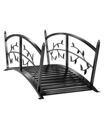 Puente de Jardín Metálico 1,2 m Puente Decorativo para Estanques con Barandillas de Seguridad y Diseño de Hojas Negro
