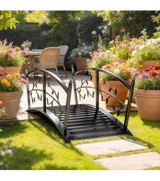 Puente de Jardín Metálico 1,2 m Puente Decorativo para Estanques con Barandillas de Seguridad y Diseño de Hojas Negro