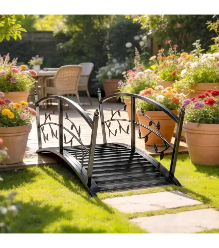 Puente de Jardín Metálico 1,2 m Puente Decorativo para Estanques con Barandillas de Seguridad y Diseño de Hojas Negro