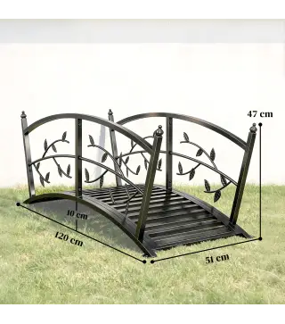 Puente de Jardín Metálico 1,2 m Puente Decorativo para Estanques con Barandillas de Seguridad y Diseño de Hojas Negro