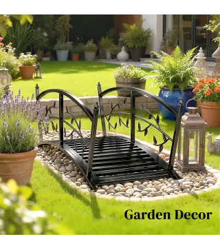 Puente de Jardín Metálico 1,2 m Puente Decorativo para Estanques con Barandillas de Seguridad y Diseño de Hojas Negro