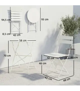 Conjunto de Jardín Plegable con 2 Sillas Plegables Mesa Redonda Estructura Metálica Electrofórica para Balcón Crema