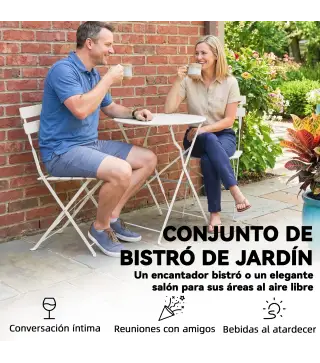 Conjunto de Jardín Plegable con 2 Sillas Plegables Mesa Redonda Estructura Metálica Electrofórica para Balcón Crema