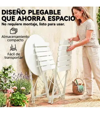 Conjunto de Jardín Plegable con 2 Sillas Plegables Mesa Redonda Estructura Metálica Electrofórica para Balcón Crema