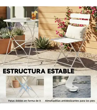 Conjunto de Jardín Plegable con 2 Sillas Plegables Mesa Redonda Estructura Metálica Electrofórica para Balcón Crema