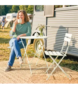 Conjunto de Jardín Plegable con 2 Sillas Plegables Mesa Redonda Estructura Metálica Electrofórica para Balcón Crema