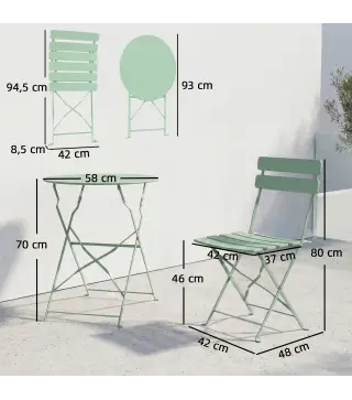 Conjunto de Jardín Plegable con 2 Sillas Plegables Mesa Redonda Estructura Metálica Electrofórica para Balcón Verde