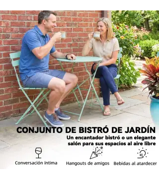 Conjunto de Jardín Plegable con 2 Sillas Plegables Mesa Redonda Estructura Metálica Electrofórica para Balcón Verde