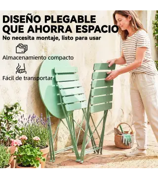 Conjunto de Jardín Plegable con 2 Sillas Plegables Mesa Redonda Estructura Metálica Electrofórica para Balcón Verde
