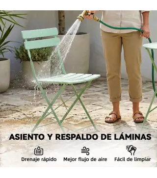 Conjunto de Jardín Plegable con 2 Sillas Plegables Mesa Redonda Estructura Metálica Electrofórica para Balcón Verde