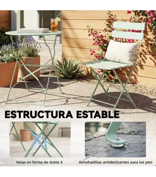 Conjunto de Jardín Plegable con 2 Sillas Plegables Mesa Redonda Estructura Metálica Electrofórica para Balcón Verde