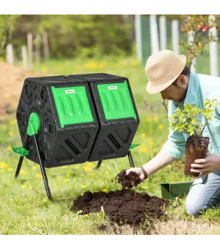 Compostador Giratorio 130L Contenedor Compostaje Doble Cámara Aberturas de Ventilación Patas de Acero 67x60x77 cm Negro