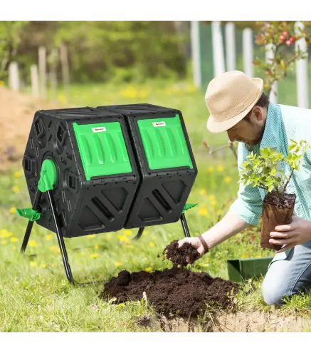 Compostador Giratorio 130L Contenedor Compostaje Doble Cámara Aberturas de Ventilación Patas de Acero 67x60x77 cm Negro