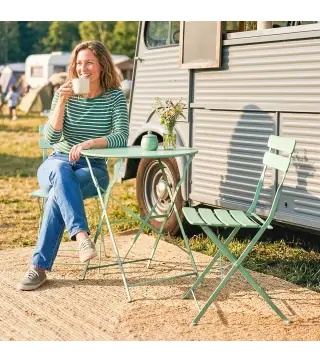 Conjunto de Jardín Plegable con 2 Sillas Plegables Mesa Redonda Estructura Metálica Electrofórica para Balcón Verde