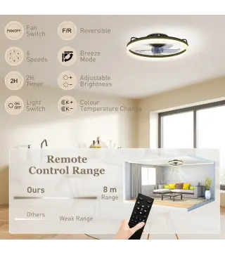 Ventilador de Techo con Luz LED 40 W Motor DC Reversible Mando a Distancia 6 Velocidades 3 Colores Temporizador Negro