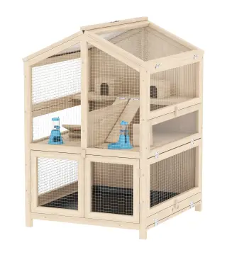 Jaula para Hámster de Madera de 3 Niveles con Bebederos Casetas Balancines Bandeja Extraíble y Tapas Abatibles Natural