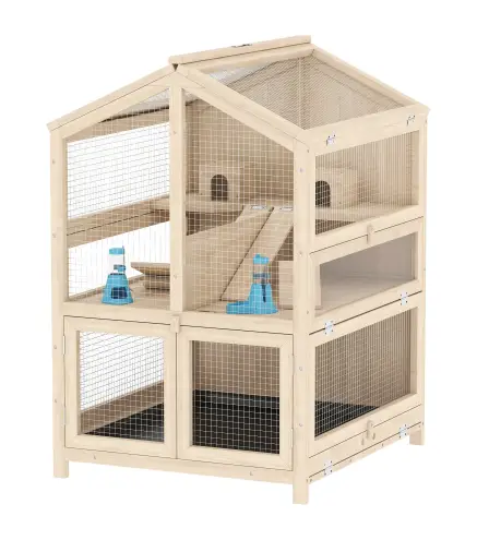 Jaula para Hámster de Madera de 3 Niveles con Bebederos Casetas Balancines Bandeja Extraíble y Tapas Abatibles Natural