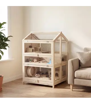 Jaula para Hámster de Madera de 3 Niveles con Bebederos Casetas Balancines Bandeja Extraíble y Tapas Abatibles Natural