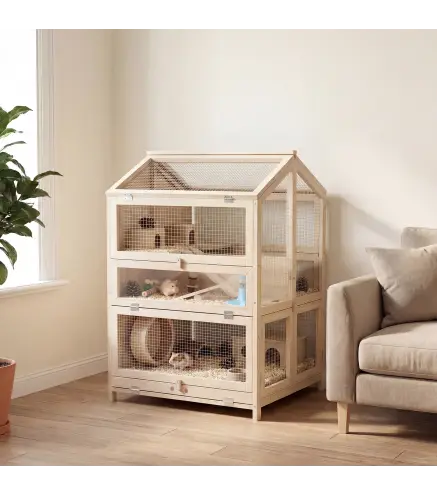 Jaula para Hámster de Madera de 3 Niveles con Bebederos Casetas Balancines Bandeja Extraíble y Tapas Abatibles Natural